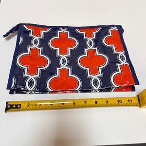 Red & Blue Geometric Pattern, Pleated and  Zippered Makeup Case NWOT